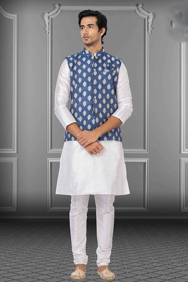 Picture of Fashionable White and Ink Blue Colored Designer Kurta Set