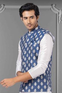 Picture of Fashionable White and Ink Blue Colored Designer Kurta Set