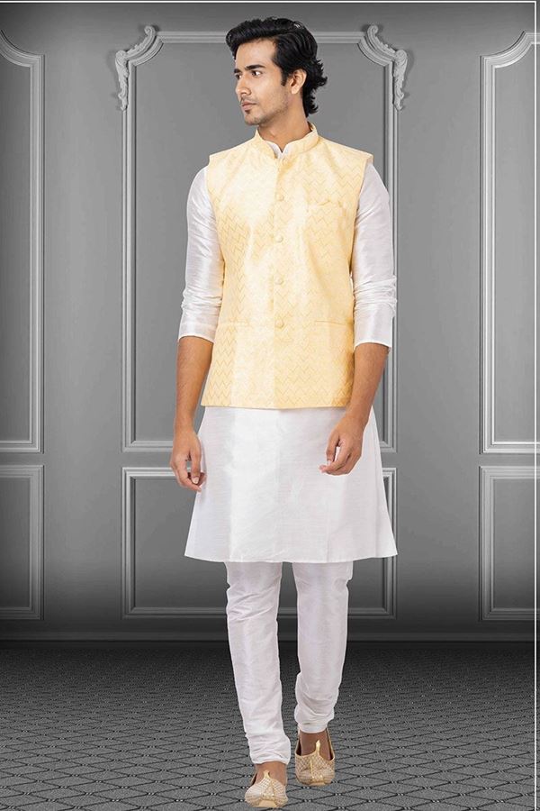 Picture of Appealing White and Yellow Colored Designer Kurta Set