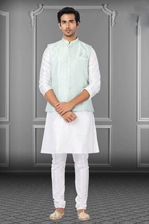 Picture of Aesthetic White and Mint Green Colored Designer Kurta Set