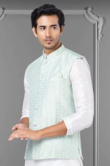 Picture of Aesthetic White and Mint Green Colored Designer Kurta Set
