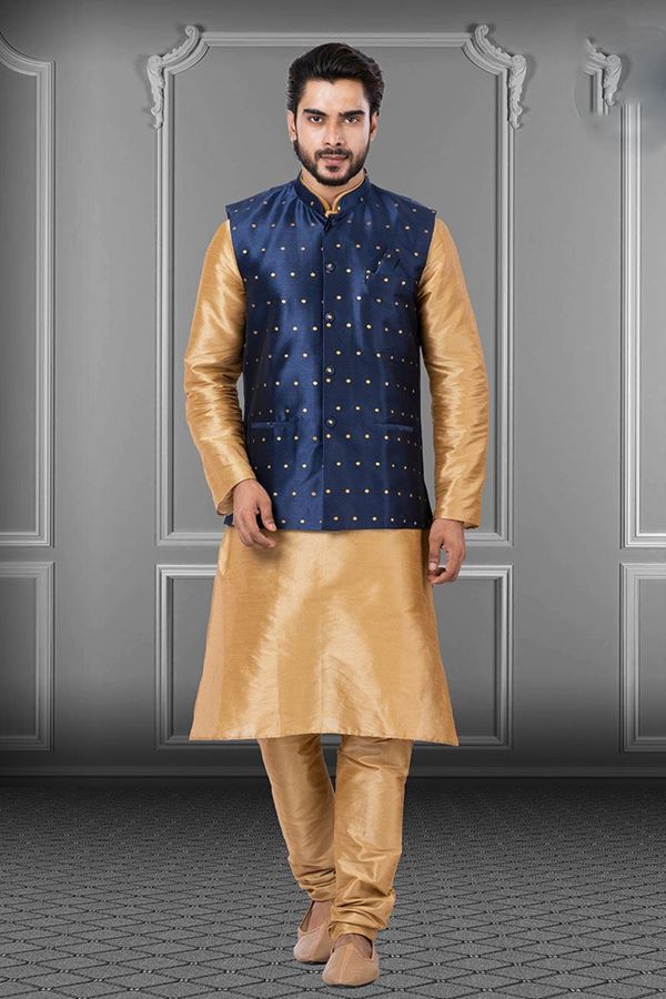 Picture of Artistic Golden and Navy Blue Colored Designer Kurta Set