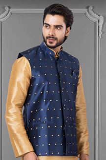 Picture of Artistic Golden and Navy Blue Colored Designer Kurta Set