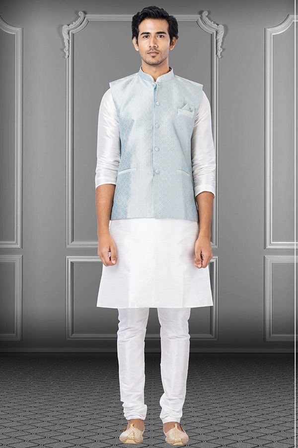 Picture of Delightful White and Sea Green Colored Designer Kurta Set