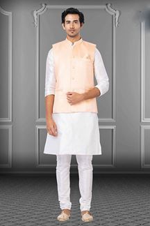 Picture of Awesome White and Peach Colored Designer Kurta Set