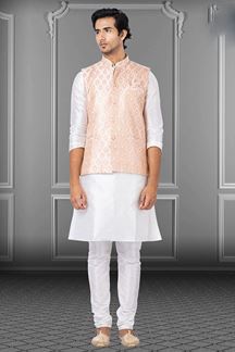 Picture of Vibrant White and Peach Colored Designer Kurta Set