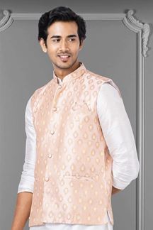 Picture of Vibrant White and Peach Colored Designer Kurta Set