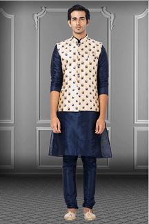 Picture of Spectacular Navy Blue and Golden Colored Designer Kurta Set