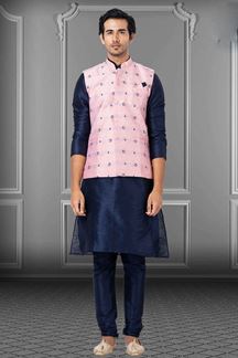 Picture of Charismatic Navy Blue and Pink Colored Designer Kurta Set