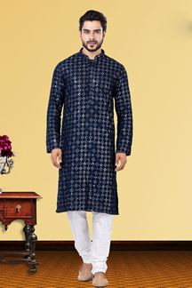 Picture of Stylish Navy Blue Colored Designer Kurta Set