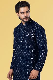 Picture of Exquisite Navy Blue Colored Designer Kurta Set