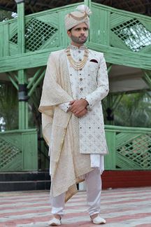 Picture of Splendid Off-White Colored Designer Sherwani