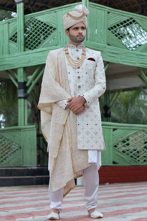 Picture of Splendid Off-White Colored Designer Sherwani