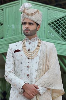 Picture of Splendid Off-White Colored Designer Sherwani