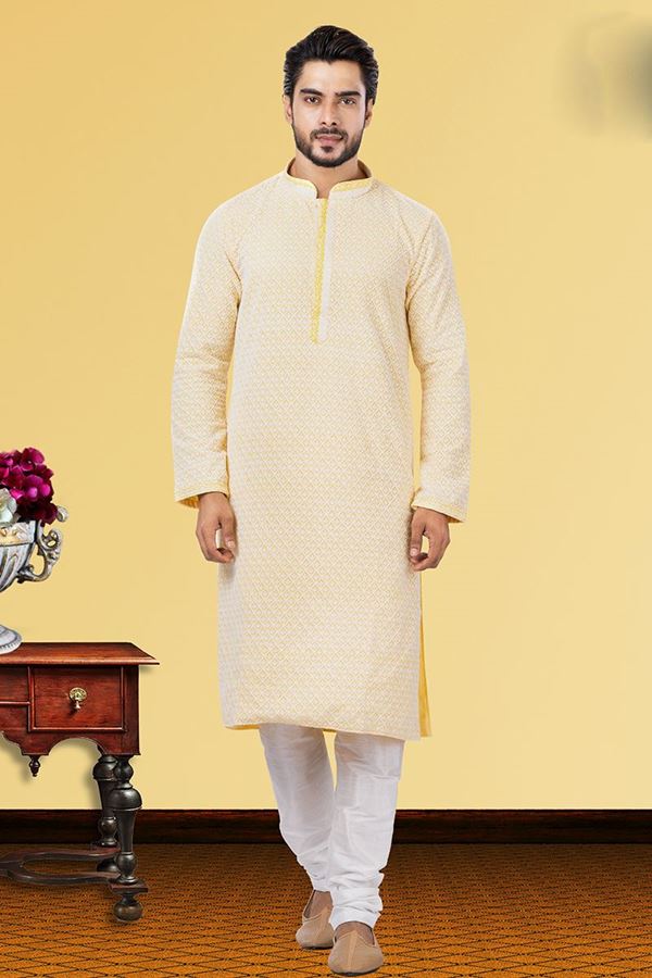 Picture of Fancy Light Yellow Colored Designer Kurta Set