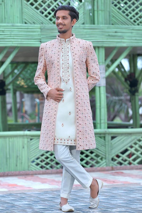 Picture of Enticing Light Pink and Off-White Colored Designer Sherwani