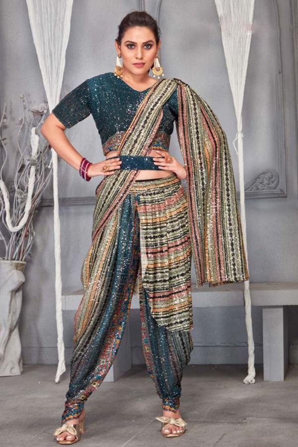 Picture of Dashing Teal Colored Dhoti Style Designer Saree