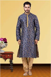 Picture of Aesthetic Navy Blue and Golden Colored Designer Kurta Set