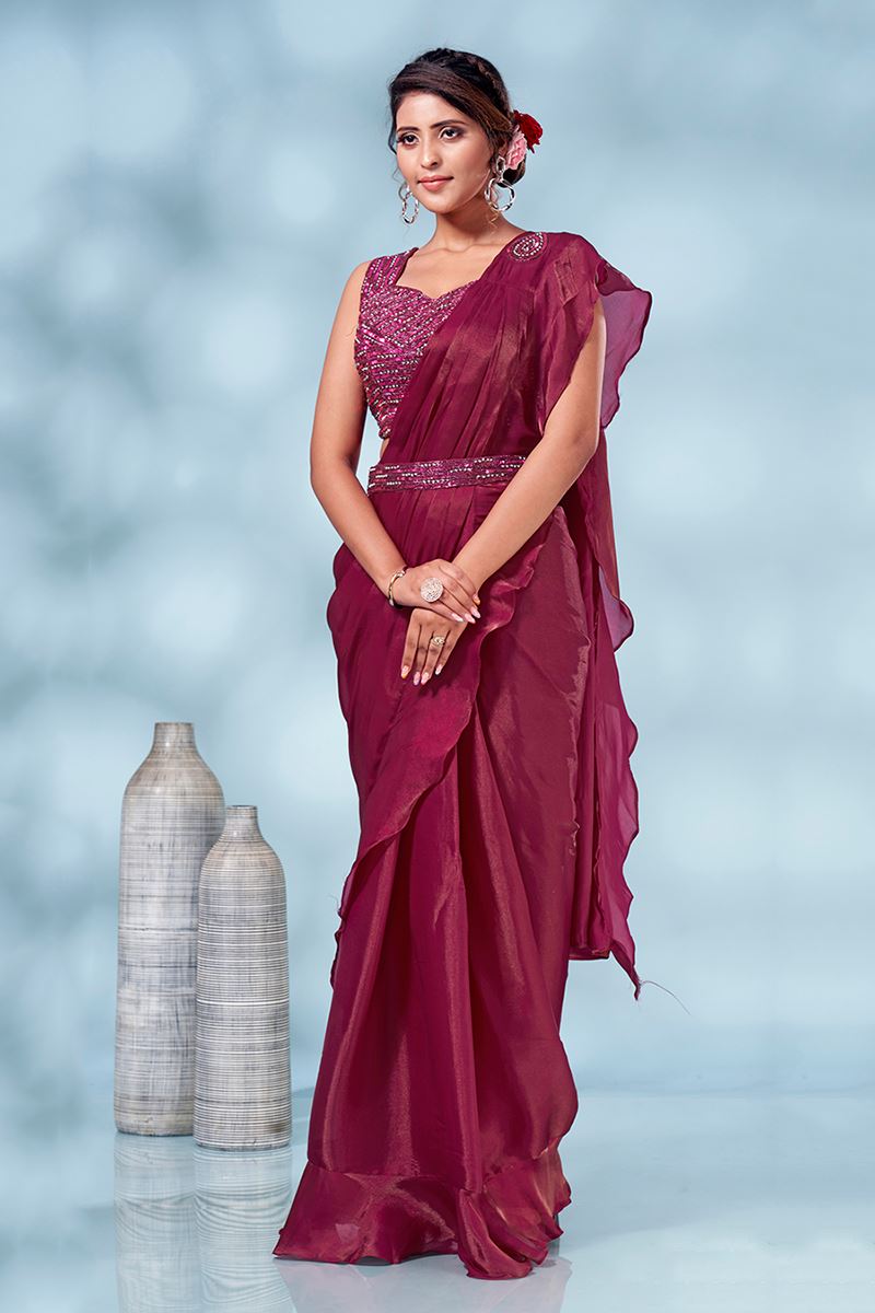 Exquisite Wine Colored Designer Ready to Wear Saree