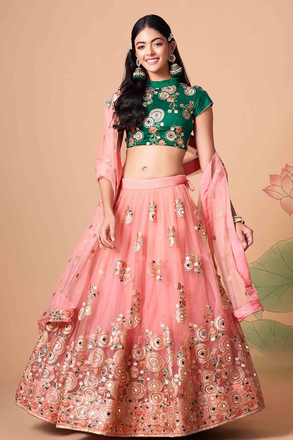 Picture of Trendy Peach and Green Colored Designer Lehenga Choli