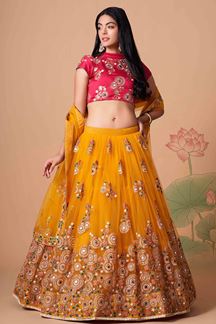 Picture of Exuberant Yellow and Rani Pink Colored Designer Lehenga 