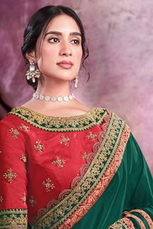Picture of Amazing Dark Green and Red Colored Designer Saree