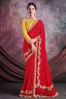 Picture of Stylish Red and Yellow Colored Designer Saree