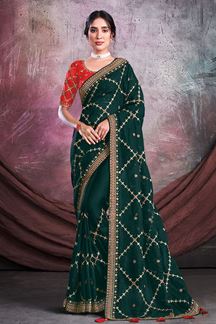 Picture of Dashing Dark Green and Red Colored Designer Saree