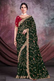 Picture of Awesome Dark Green and Maroon Colored Designer Saree