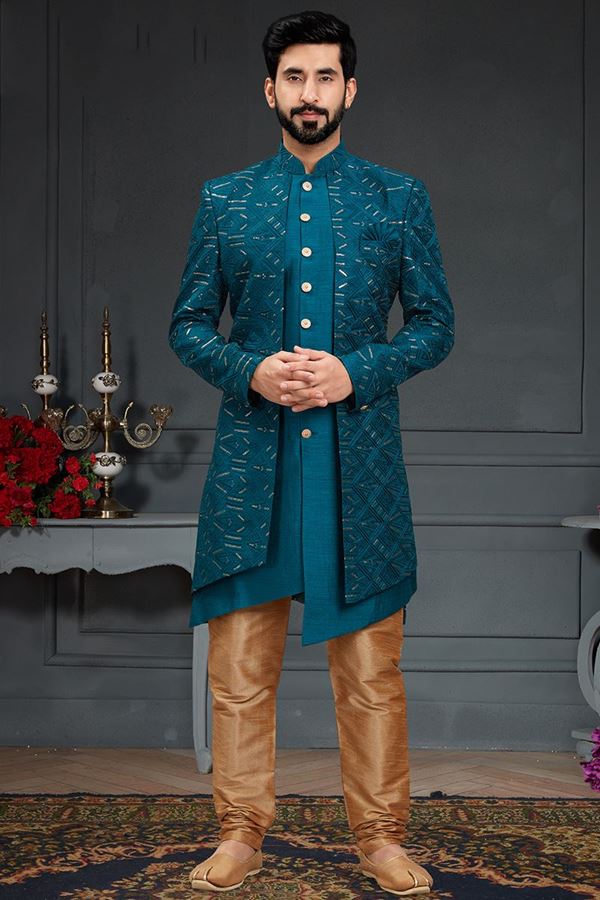 Picture of Enticing Peacock Blue Colored Designer Italian Indo Western