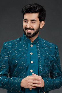 Picture of Enticing Peacock Blue Colored Designer Italian Indo Western