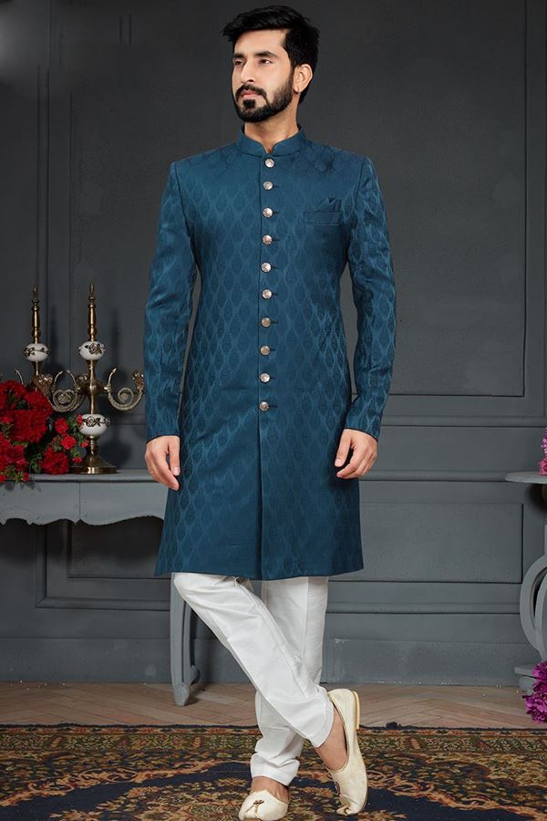 Picture of Fascinating Peacock Navy Blue Colored Designer Nawabi Indo Western