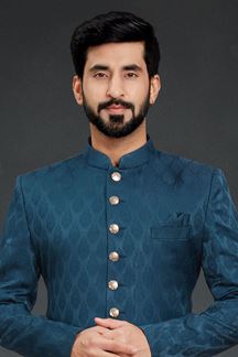 Picture of Fascinating Peacock Navy Blue Colored Designer Nawabi Indo Western