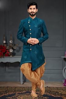 Picture of Flamboyant Peacock Blue Colored Designer Nawabi Indo Western