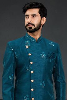 Picture of Flamboyant Peacock Blue Colored Designer Nawabi Indo Western