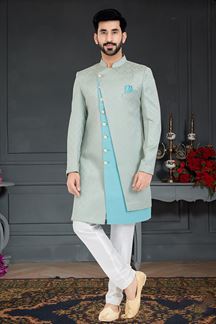 Picture of Marvelous Aqua Blue and Grey Colored Designer Italian Indo Western