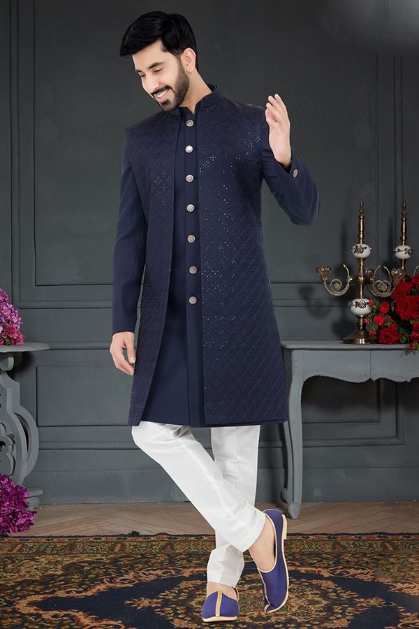 Picture of Impressive Navy Blue Colored Designer Italian Indo Western