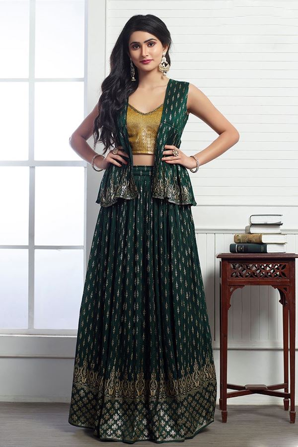 Picture of Stunning Dark Green and Mustard Colored Designer Lehenga Choli