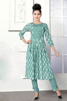 Picture of Mesmerizing Mint Green Colored Designer Kurti with Pant