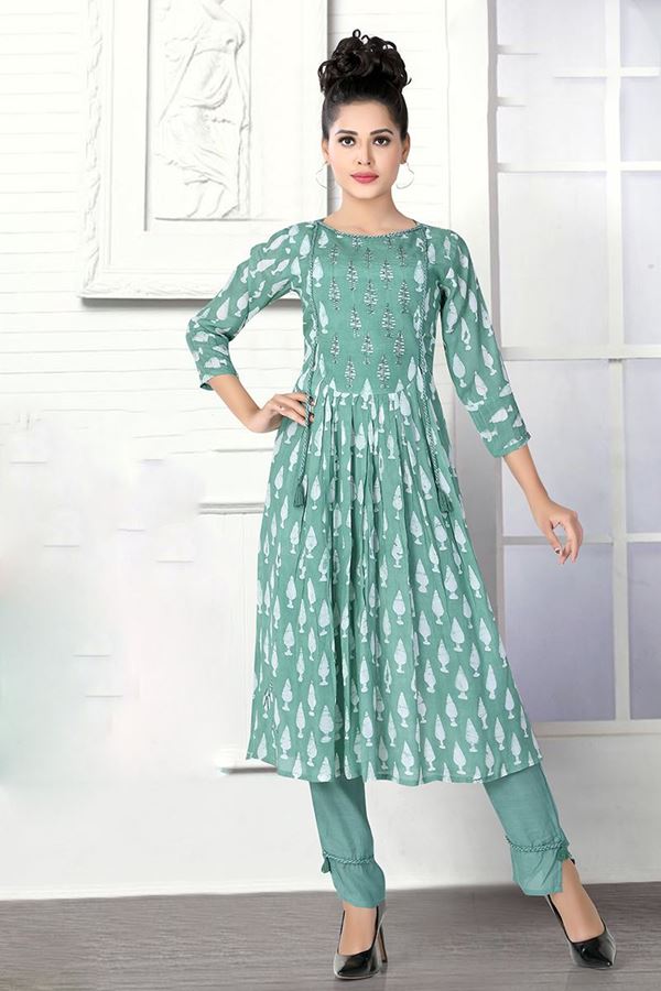 Picture of Mesmerizing Mint Green Colored Designer Kurti with Pant