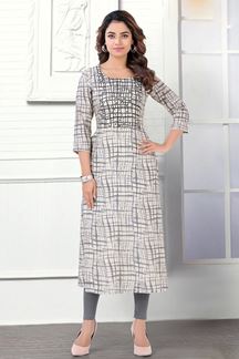 Picture of Amazing Cream and Grey Colored Designer Kurti with Pant