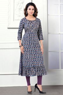 Picture of Stylish Navy Blue and Brown Colored Designer Kurti with Pant