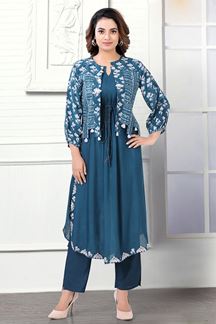 Picture of Classy Teal Colored Designer Kurti with Pant