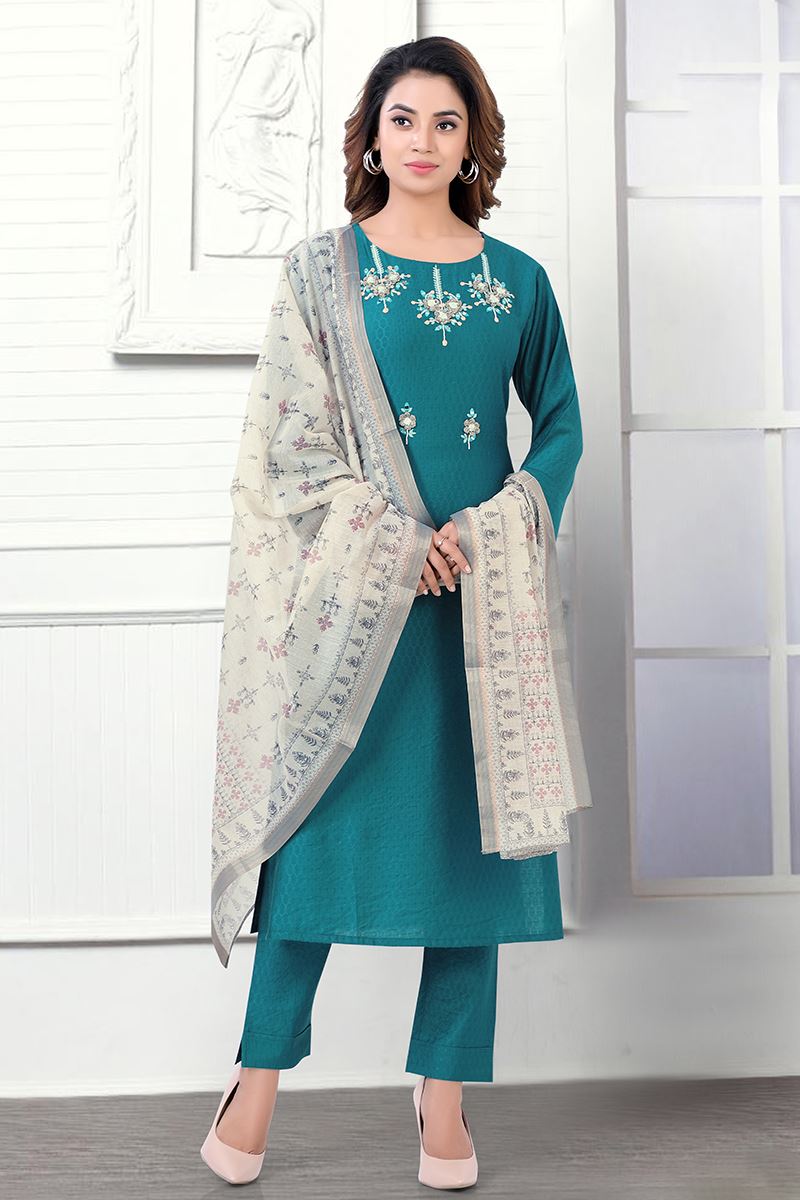 Stone Work Embroidered Velvet Peacock Blue Trouser Suit - Hijab Online