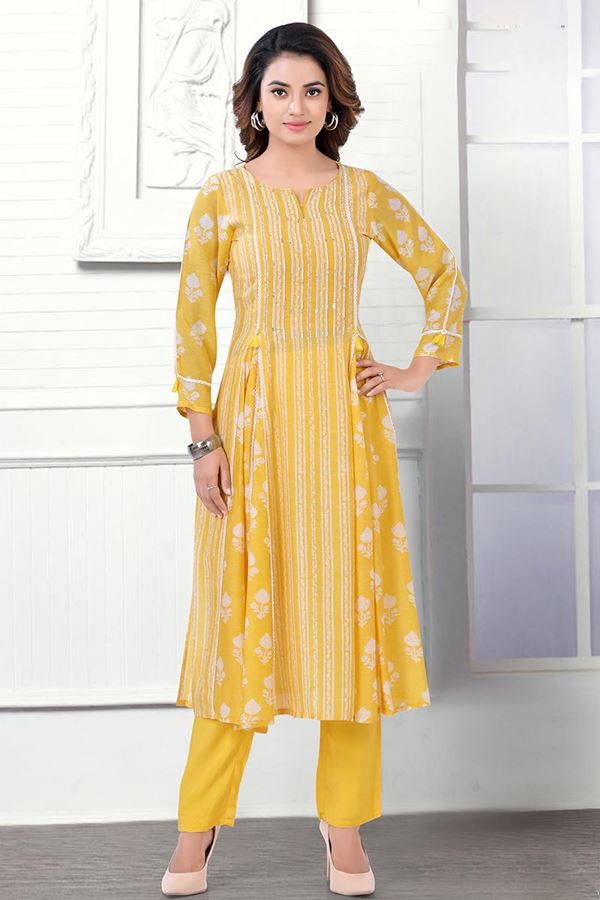 Picture of Irresistible Yellow Colored Designer Kurti with Pant