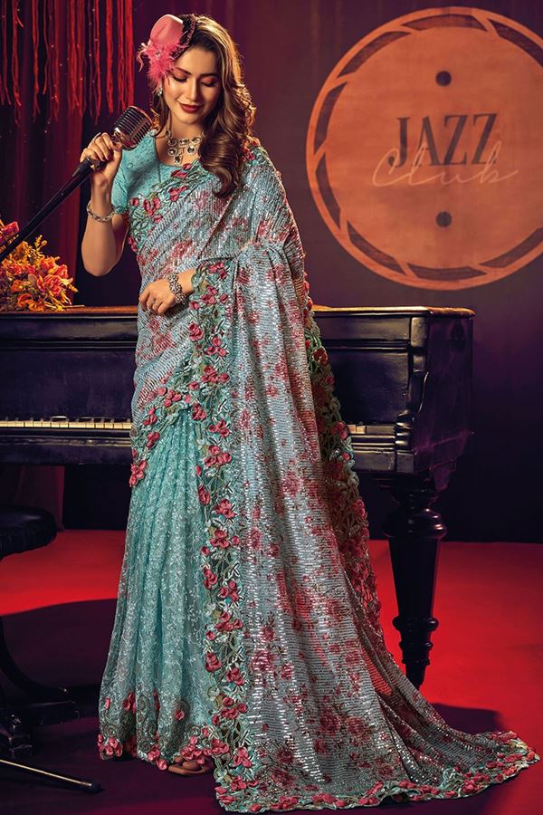 Picture of Aesthetic Sea Green Colored Designer Saree