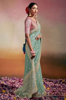 Picture of Heavenly Mint Green and Light Pink Colored Designer Saree