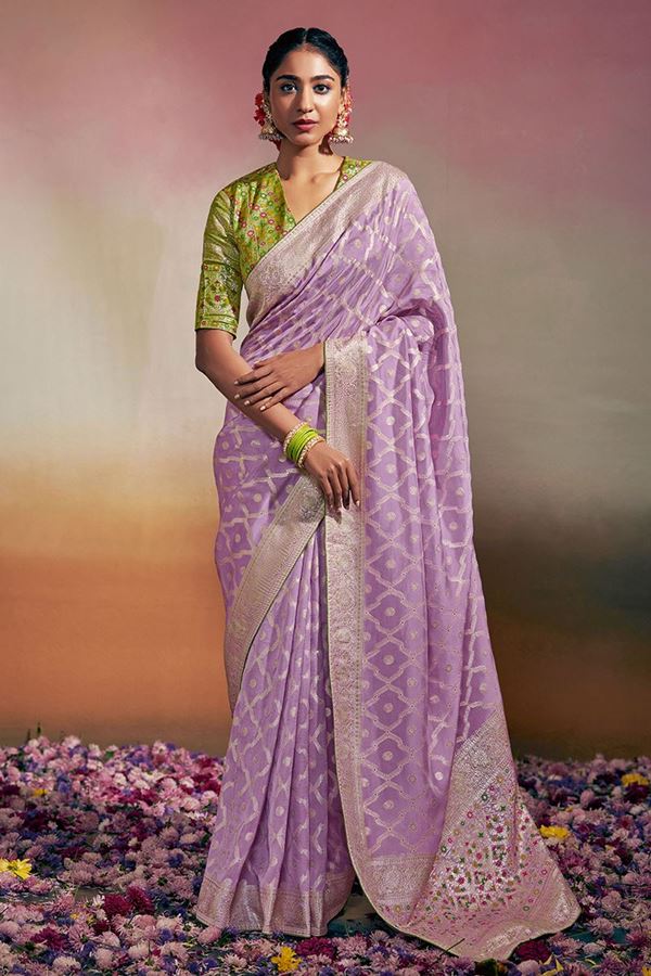 Picture of Mesmerizing Lilac and Green Colored Designer Saree