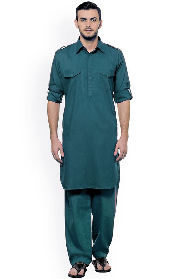 Picture of  Awesome Teal Blue Colored Designer Pathani Set