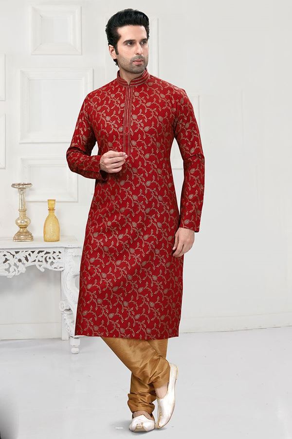 Picture of Royal Maroon Colored Designer Kurta Payjama Set